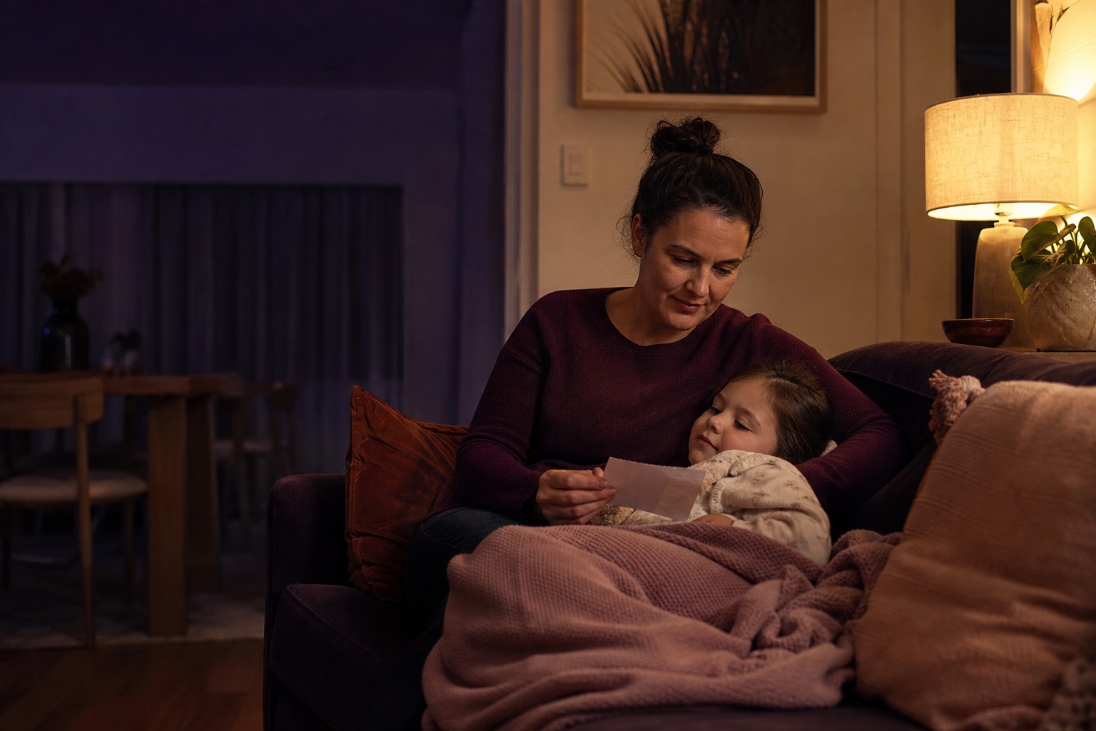 A parent calmly keeping a care note while their child rests at home